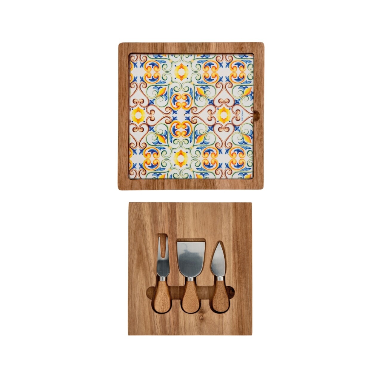 Set servire branzeturi, tocator si cutite, Medicea, Brandani, 24x24 cm, lemn de salcam/ceramica/inox - imagine 3